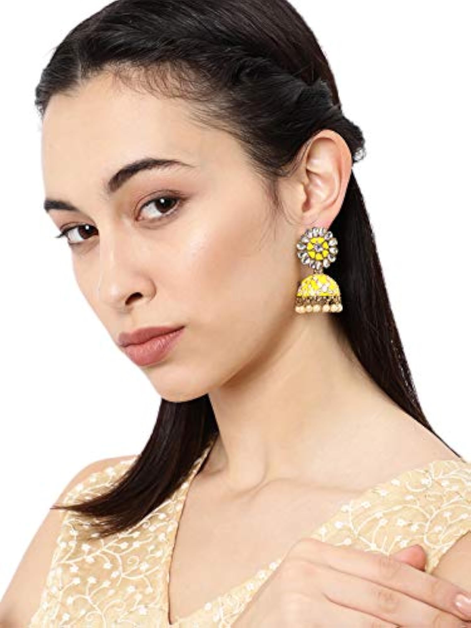 Non Precious Metal Jhumki Earrings, Yellow, ZPFK9032