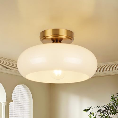 Image of Small Semi Flush Mount Ceiling Light Fixture, 11'' Vintage Mid-Century Gold with White Milk Glass Shade, Modern Farmhouse Lighting for Kitchen, Hallway, Bedroom, Foyer, Schoolhouse