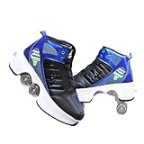 Unisex 2-in-1 High-top Roller Skate Sneakers | 4-Wheel Kids Skates with Detachable Wheels Double-Row Deform Wheel | 2-in-1 Invisible Deformation Automatic Walking Shoes(Black,9.5)