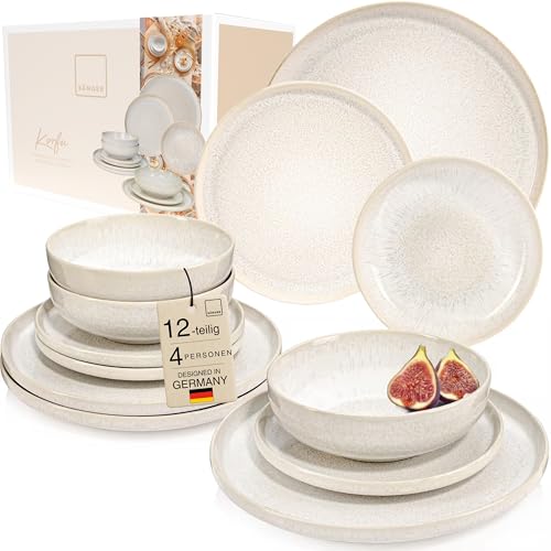 SÄNGER | Geschirrset Korfu 12 tlg für 4 Personen Steingut Geschirr Handmade TEST SEHR GUT Teller Set Ess- & Dessertteller Tiefe Teller Set Creme mit Sandiger Maserung | PREMIUM COLLECTION