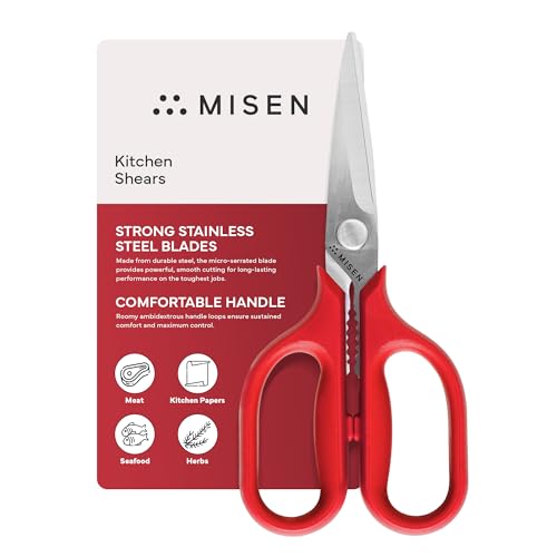 Image of Misen Heavy Duty Kitchen Shears - Comfortable Ambidextrous Scissors for Meat, Poultry, Herbs & More - Easy to Clean - German Stainless Steel - Small | Red