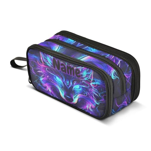 Image of Custom Mystical Wolf Face Pencil Case Box Boys Girls Personalized Name Large Pencil Pouch Stationery Pen Bag Organizer for Kids Adults School Office