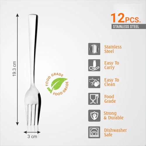 Kodenipr Club Stainless Steel Dinner Table Fork Set of 12, Length 19cm (Large, 12 Piece)