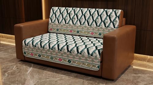 Image of Luxury Sofa Cover L Shape 7 Seater - Indigo Geometric Paisley 4+3 Seater (7 Seater) Quilted Sofa Cover Set Pack of 5, Washable, Indigo Ivory