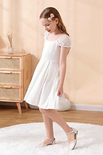 Gorlya Girls Scoop Neck Polka Dot Mesh Puff Sleeve Casual Party A-Line Dress With Pockets For 4-14T(Gor1155,14Y,White) #TOP3