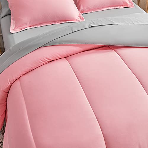 Twin Pink Comforter Set Bed In A Bag With Gray Sheet Set Reversible Soft - 1 Comforter, 2 Pillow Shams, 1 Flat Sheet, 1 Fitted Sheet, 1 Pillowcases - 6 Pieces Bedding Set #TOP7