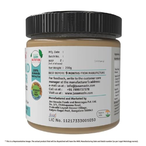 Image of Jus' Amazin Creamy Almond Butter - Unsweetened (200 g) | 25% Protein | Only Pure Whole Almonds | Zero Additives /Chemicals | Plant Based, Dairy Free, Keto | Clean Nutrition, 0% Chemicals.