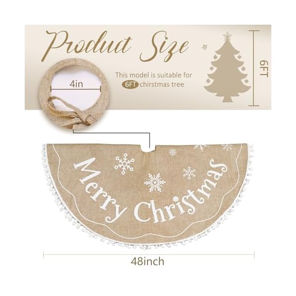 Aerwo christmas tree skirt 48 inches burlap tree skirt printed with white snowflake and merry christmas decor brown tree skirt for christmas decorations new year holiday party supply indoor outdoor  urban country home decor