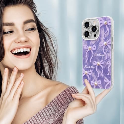 Image of VONZEE Compatible with iPhone 15 Pro Max 6.7'' Case Luxury Pink Girly Cute 3D Bow Pearl Glitter Bling Case with Full Camera Protection Shockproof PC+TPU Glossy Shiny Cover for Girls Women, Purple