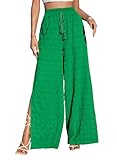 Dokotoo 2024 Stylish Summer Women's Boho Wide Leg Palazzo Pants Ladies Tassel Side Split Elastic High Waist Yoga Pant with Tie Drawstring Comfy Lightweight Beach Resort Wear Pants Green Small