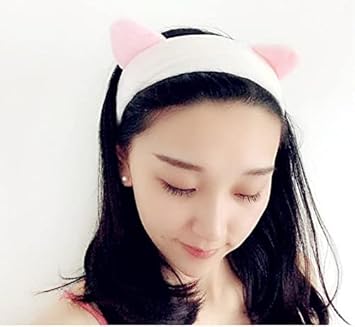 MOMISY Elastic Lovely Hair Band Wash Face Spa Headband-Washable Facial Band Makeup Wrap Headbands for Women (Cat Ear White Pink)