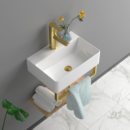 Lofeyo Floating Bathroom Sink Wall Mounted - 14'x10' Rectangular Vessel Sink With Gold Faucet &...