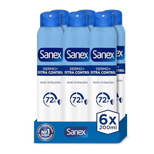 Sanex Dermo Extra Control Desodorante Spray, Pack 6 Uds x 200 ml, con Óxido de Zinc Antibacteriano, hasta 72H de Protección contra el Sudor y el Olor, Restaura el pH Natural de la Piel