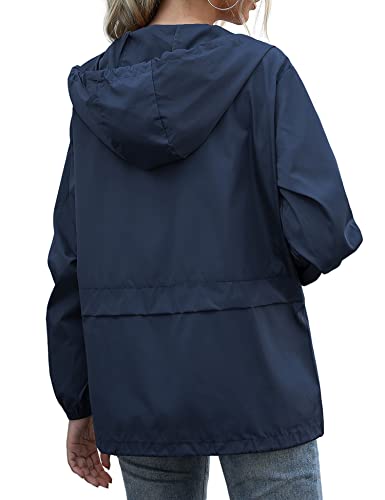 Muzeca Raincoat For Women Waterproof Rain Jackets Lightweight Packable Hooded Rain Coat Plus Size Windbreaker Jacket Navy Blue Large #TOP4