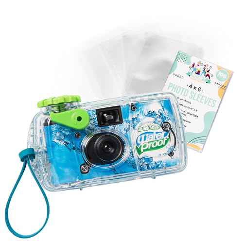 Fujifilm QuickSnap Waterproof - 35mm Disposable Camera - 27 Exposures with 100 Moshify 4x6 Ultra Clear Acid Free Photo Sleeves - ISO 800 Film for Beach Pool and Underwater Photography up to 35ft