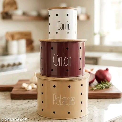 Image of Set of 3 Potato Onion & Garlic Storage Container For Kitchen | Storage Container For Kitchen Storage with Lid. (Multicolour)