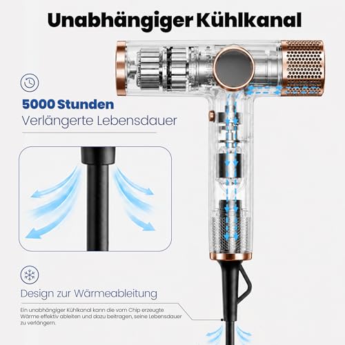 Faszin Haartrockner Leichter Föhn mit 110.000 RPM bürstenlosem Motor für Schnelles Trocknen, Wenig Lärm, LED-Anzeige, 200 Millionen Ionen fön,3 Magnetdüse für Zuhause Salon (Tiefschwarz) 6