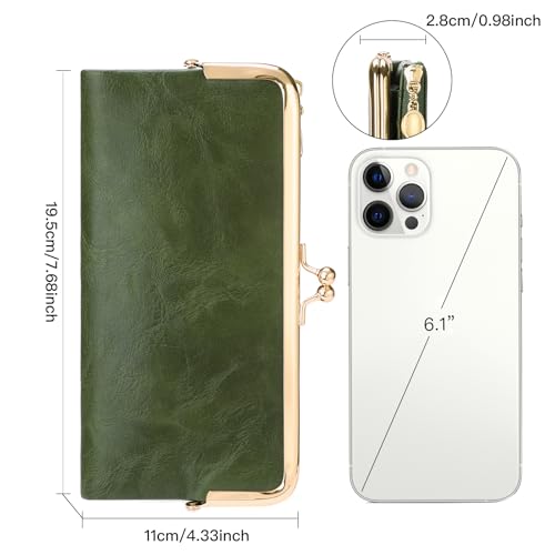 Image of GOIACII Womens Wallet Kiss Lock Bifold Leather Wallets for Women Green | Vintage Wallet for Women,Ladies Clutch Purse,Women's Card Holder Wallet with Zipper