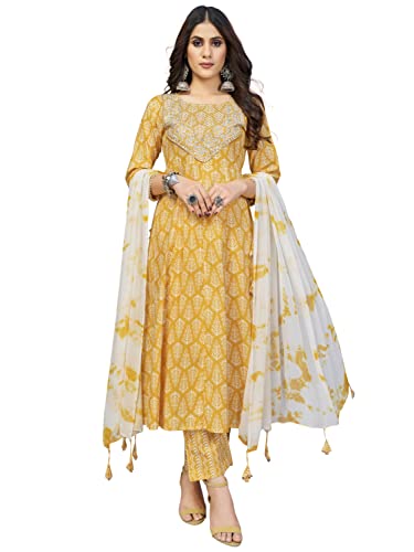 Image of Vbuyz Women's Cotton Print & Sequience A-Line Stitched Kurta Pant with Dupatta (VF-KU-1721-SKD-40 Yellow Large)