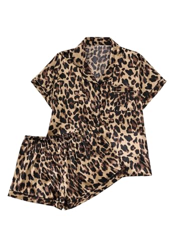 SHENHE Women's 2 Piece Satin Pajama Set Leopard Short Sleeve Button Down Pj Shorts Set