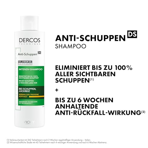VICHY Anti-Schuppen Pflegeshampoo für trockenes Haar, 6 Wochen Anti-Rückfall-Wirkung, Frei von Parabenen, Mit Selendisulfid und Salicylsäure, Dercos Anti-Schuppen, 200 ml