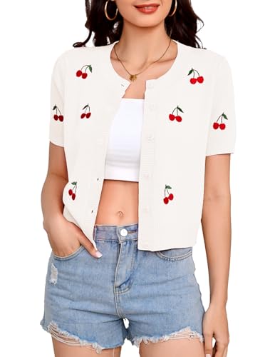 Bbonlinedress Women Short Sleeve Cardigan Cherry White Sweater Summer Lightweight Cropped Embroidered Tops White M