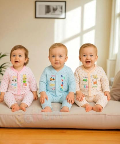 Image of BONUM Baby's Boy's Girl's 100% Cotton Button Shirt with Pyjama Pant Set of 3 New Born Baby Clothes