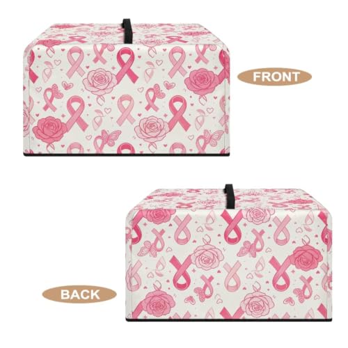 Image of Dustproof Microwave Oven Cover Breast Cancer Awareness Toaster Oven Cover Protector for Kitchen Countertop, L, Pink Ribbon Rose Butterfly Cream White