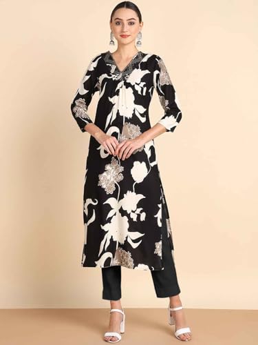 Image of Maaesa Women Casual Floral Printed Rayon Straight Kurta | V-Neck | 3 /4 Sleeves | Lightweight & Breathable Fabric