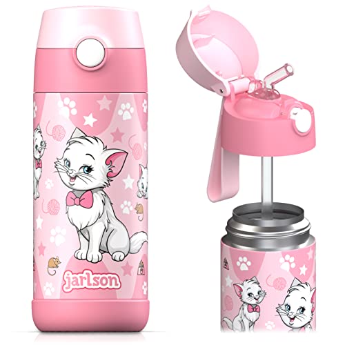 Jarlson® Trinkflasche Kinder Edelstahl CHARLI mit Strohhalm - Thermosflasche 350ml - TÜV geprüft - BPA frei - auslaufsicher - Thermo Wasserflasche für Schule, Kindergarten (Katze 2)
