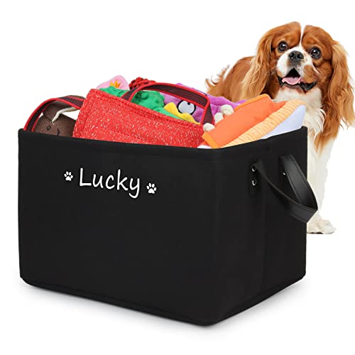 Personalisierte Hundespielzeug Aufbewahrungsbox mit Namen, Faltbar Aufbewahrungskorb mit Ledergriffen, Filz spielzeugkiste für die Organisation von Lebensmittel Kleidung und Haustierzubehör(Schwarz)