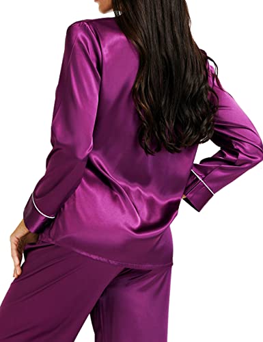 Satin Silk Pajamas For Women Pajama Set With Long Sleeve Button-Down Satin Pajamas Sleepwear Purple M #TOP3
