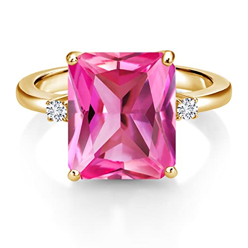 18K Yellow Gold Plated Silver Gemstone Birthstone & White Lab Grown Diamond 3-Stone Engagement Ring | Emerald Cut 12X10MM Center with Round 2MM Accents | Wedding Anniversary Promise Ring For Women2