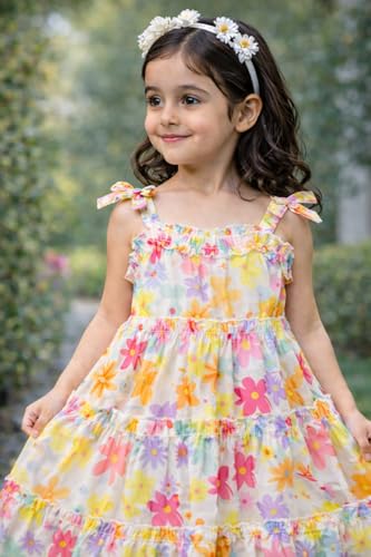 Image of Buy & Try Girls Printed Georgette Frock, Sleeveless Summer Dress, Lightweight Knee Length Baby Girl Dress, Casual Outfit, Soft Comfortable Fabric, Stylish Kids Wear