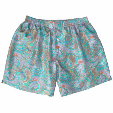 Turquoise Paisley Silk Boxers for Men 100% Silk – Sizes 30” – 42”