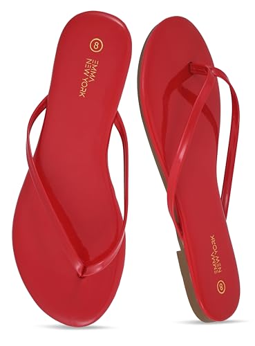 EMMA NEW YORK Flat Sandals for Women, Thong Flip Flops for Women, Cushioned Footbed, Slim Strap (Red Patent, 9)