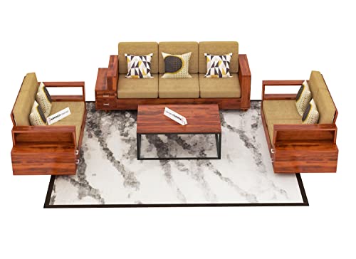 Image of Sheesham Wood 7 Seater Sofa Set with 2 Drawer Storage | 3+2+2 Wooden Sofa Set Furniture for Living Room Home Office (Honey)