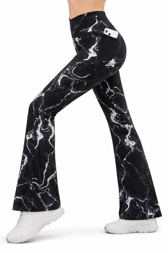 Image of Imperative Women's High Waist Flare Yoga Pants, Black Marble Print Gym Tights with Pockets, Stretchy Bell Bottom Workout Leggings, Daily Use Flared Palazzo for Woman