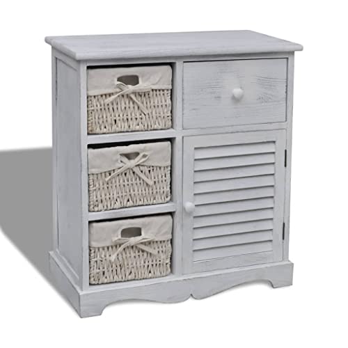LoogCape Cajonera con 3 cestas de madera de paulownia, color blanco, 60 x 30 x 63 cm, armario de almacenamiento multiusos con espacio de almacenamiento para pasillo, oficina