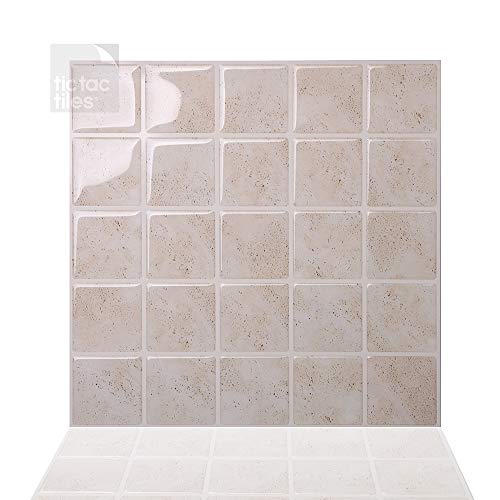 Tic Tac Tiles 10-Sheet Peel and Stick Self Adhesive Removable Stick On Kitchen Backsplash Bathroom 3D Wall Sticker Wallpaper Tiles in Marmo Travertine