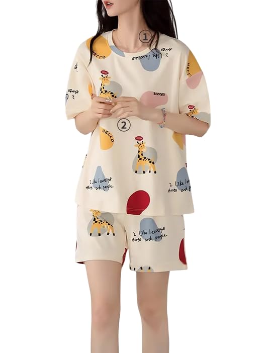 Image of Lunza Women's Cotton Blend Pajama Set, Short Sleeve T-Shirt and Shorts, Cute Bear Print Nightwear