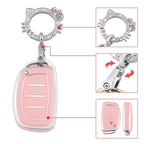 Image of Pangpai Pink Key Fob Cover for Hyundai, Soft TPU Key Case Protection with Bling Keychain Fit for lantra Ioniq Sonata Tucson Elantra GT