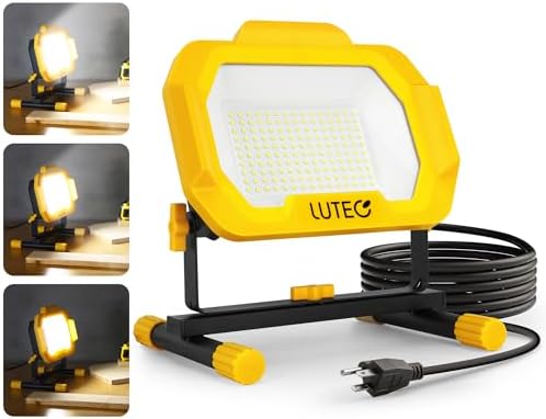 LUTEC 12500 Lumen LED Work Light, Dimmable Flood Lights with 3 Brightness Levels, IP65 Waterproof Portable Job Site Lights with Stand and 5 Ft 3-Prong Power Cord for Workshop Garage Construction Site