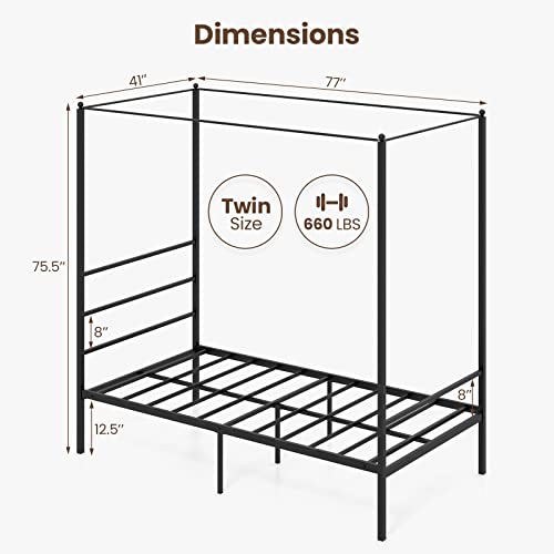 Giantex Twin Size Metal Canopy Bed Frame, Modern Platform Bed Frame With 4 Poster & Headboard, Mattress Foundation With Sturdy Metal Slat Support, No Box Spring Needed, Easy Assembly, Black #TOP1