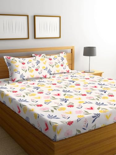 Image of 100% Cotton Elastic Fitted Bedsheets with 2 King Size Pillow Covers Double Bed with All Around Elastic Supersoft Size - 72 King Sizex78+10 inches White and Orange 200 tc - 220 tc