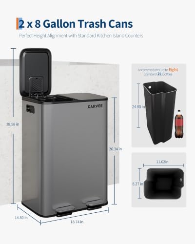 Garvee Trash Can, 2 x 8 gal (2 x 30 L) Garbage Can for Kitchen Dual Compartment Recycling Kitchen Step Trash Bin, Stainless Steel Trash and Recycle Bin Combo with Soft-Close Lid,Matte Grey - image 6
