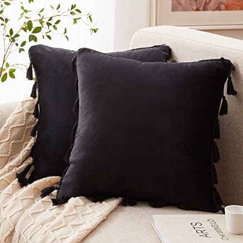 Western Home 2 Stück Samt Dekorative Throw Kissenbezüge mit Quasten Fransen Boho Akzent Kissen Fall für Couch Sofa Bett 45,7 x 45,7 cm Schwarz Cover