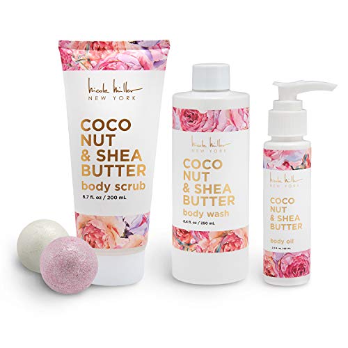 Nicole Miller Coconut and Shea Butter Bath Collection, Nourishing Gift Set for Women with Bath Bombs, Body Wash, Body Oil and Body Scrub, Perfect Holiday Gift for Women and Teens