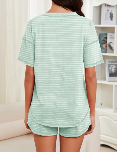 Image of KCW Pajamas for Women Set 2 Piece 100% Cotton Lounge Sets Short Sleeve Top and Shorts Pj Set Sleepwear Outfits