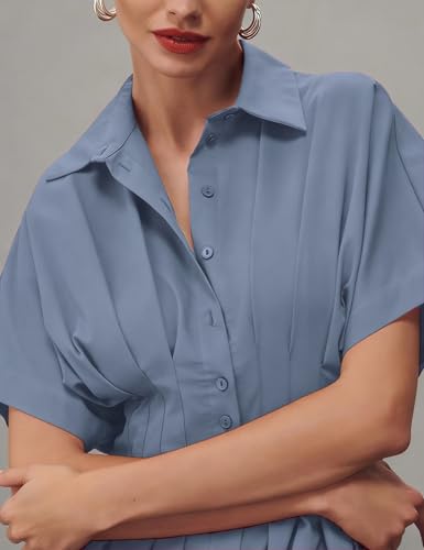 Image of Yeokou Shirt Dress for Women Summer Casual Short Sleeve Button Down Loose Pleated Maxi Sundress with Pockets